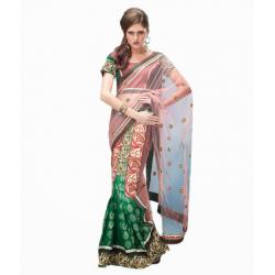 Red & Green Colored Viscose & Net Saree