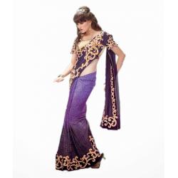 Purple Colored Velvet lampa net & chiffon Saree